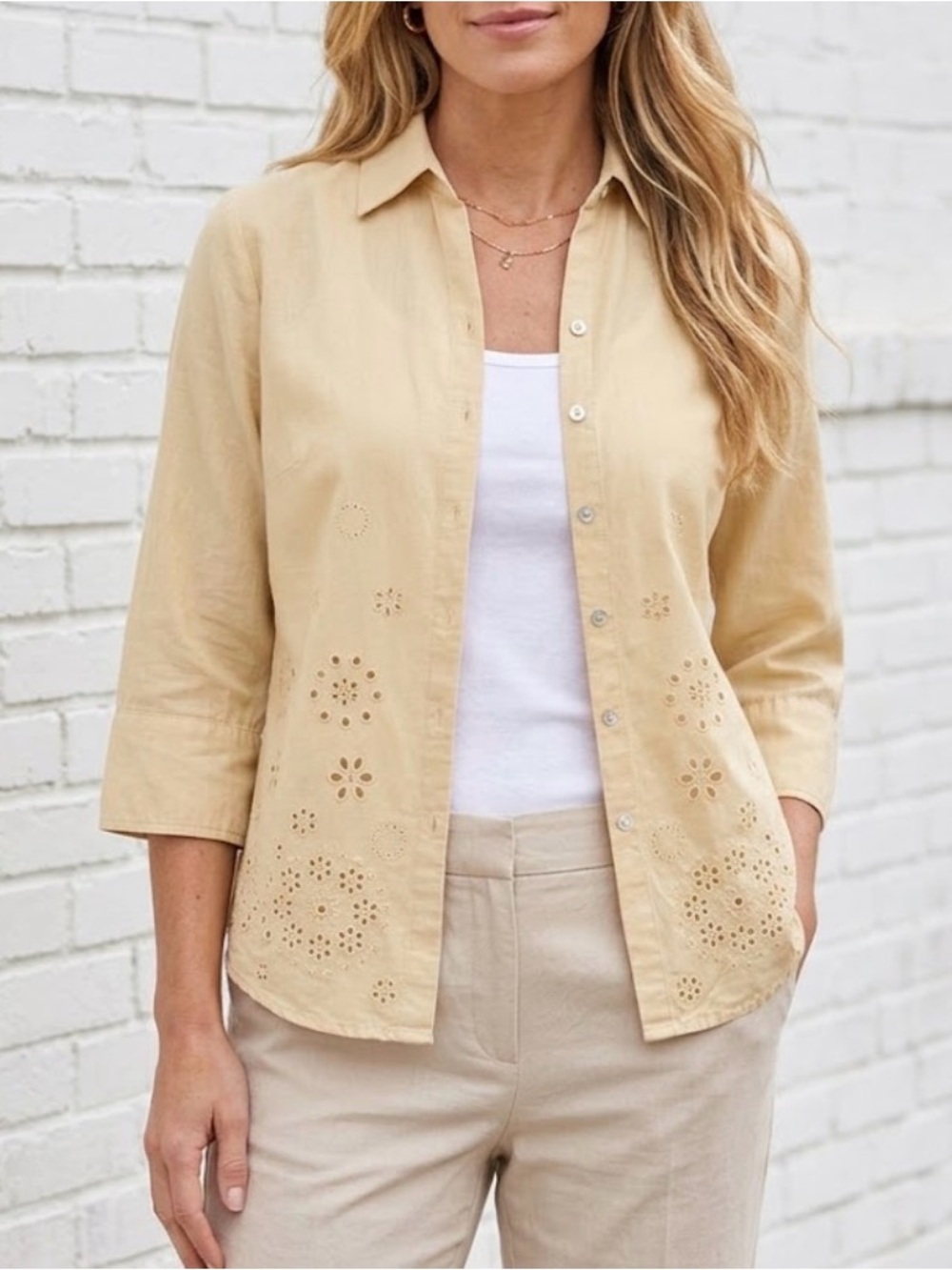 Beautiful Jennifer Eden Flower Eyelet Blouse Top 3/4 Sleeve Fall 12 Large